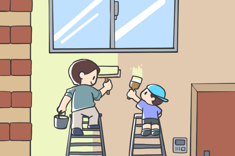 戸建ての外壁を塗り替える親子