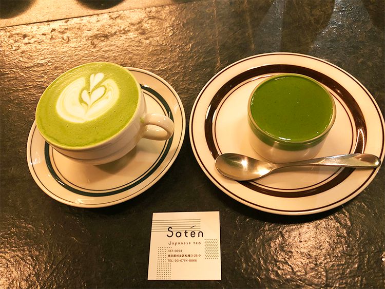 Saten japanese teaの抹茶のラテアート、抹茶プリン