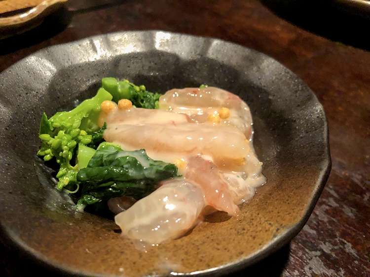 鮮魚屋の甘海老と菜の花麹和え