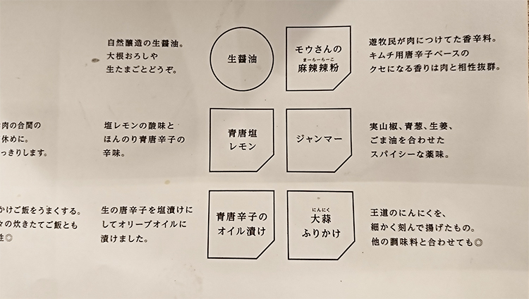 挽肉と米のご飯とお肉のオトモメニュー、生しょうゆや青唐塩レモンなど