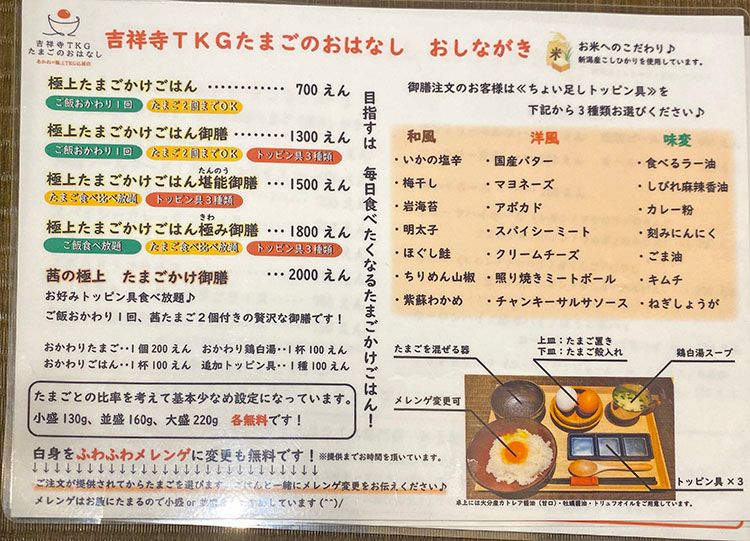 「たまごのおはなし」のTKGメニュー
