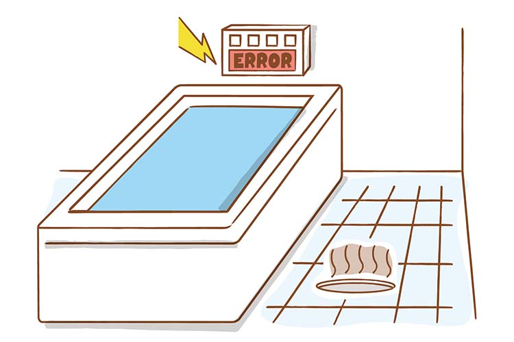 エラーが出ている給湯器と排水溝から臭いが出ているバスルーム