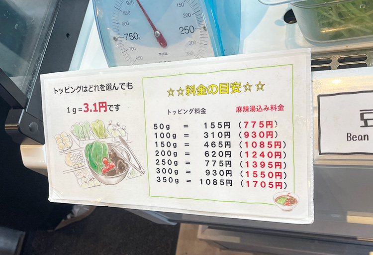 「七宝麻辣湯」のトッピング料金