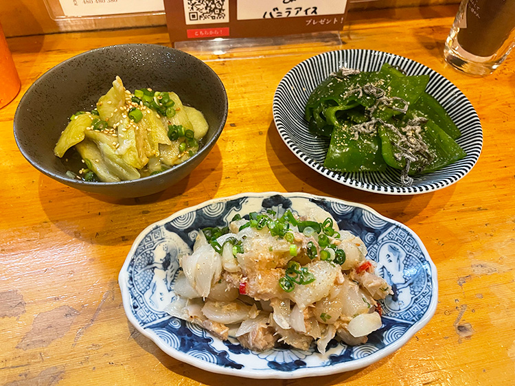 「炭火と酒と肴 七福八郎 中野新橋店」の前菜3種