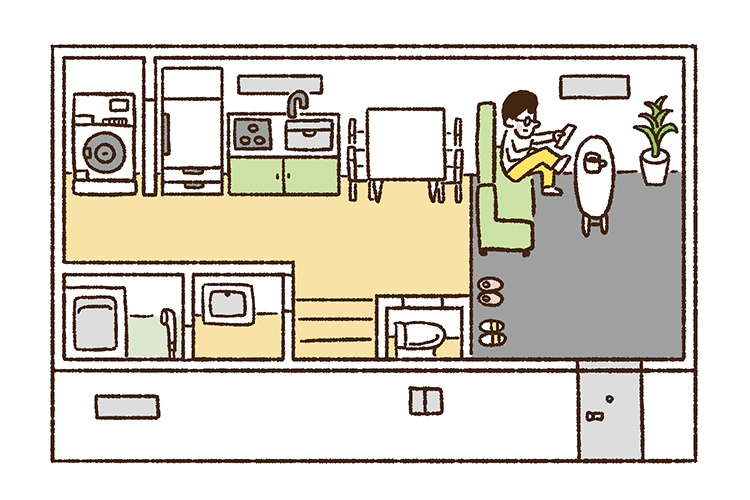 玄関とリビングが一体化している狭小住宅