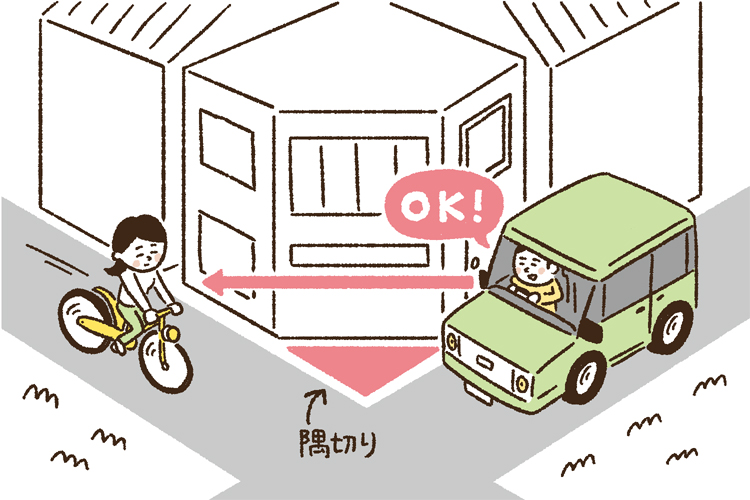 隅切りで車や自転車の見通しが良くなる